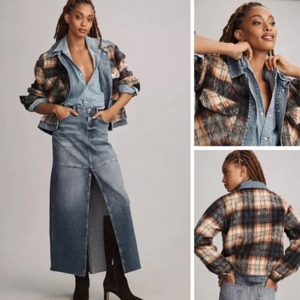 PILCRO Plaid Denim Mix Jacket Size Small Fuzzy
